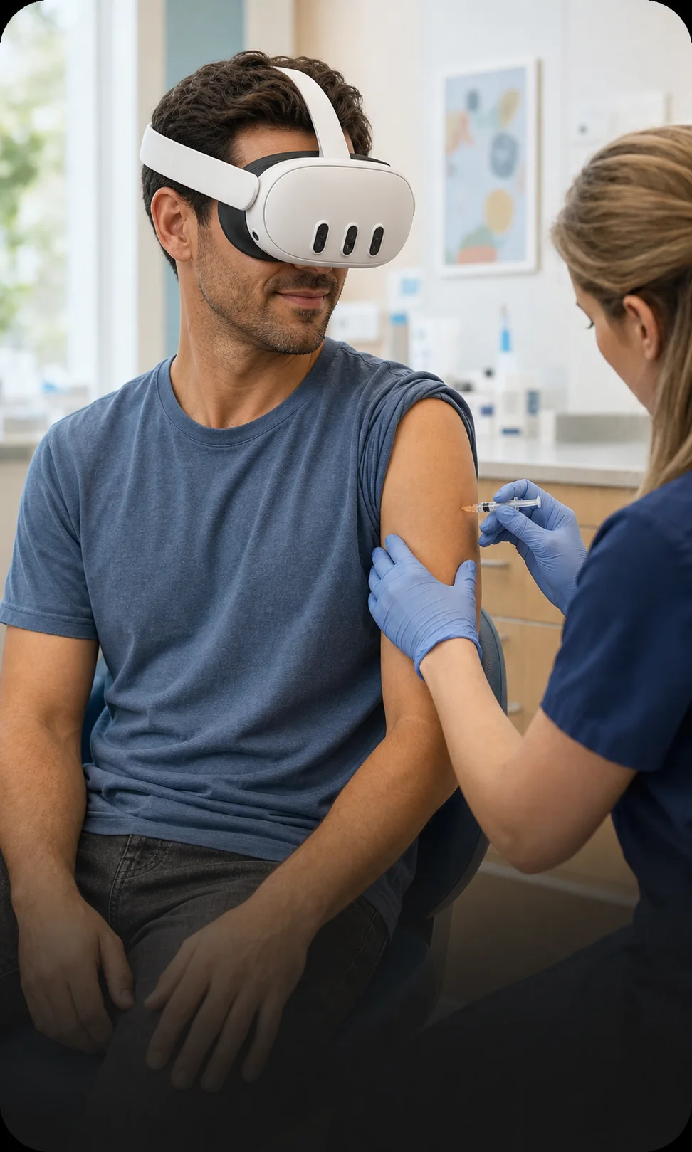 A man wearing a VR headset stays relaxed while a nurse gives him an injection